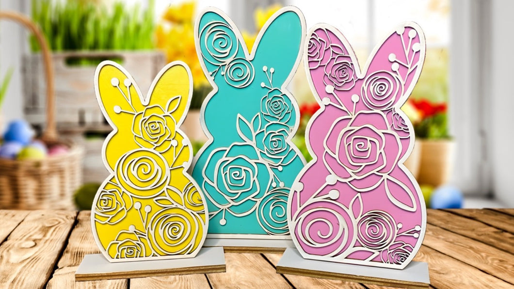 Set of 3 Unfinished Wood Floral Bunny Shelf Sitters DIY Kit